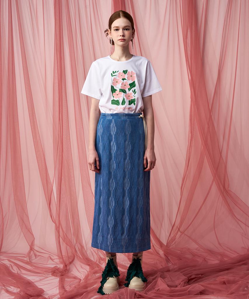 Pelimela Denim Jacquard H-Line Midi Skirt (Blue)