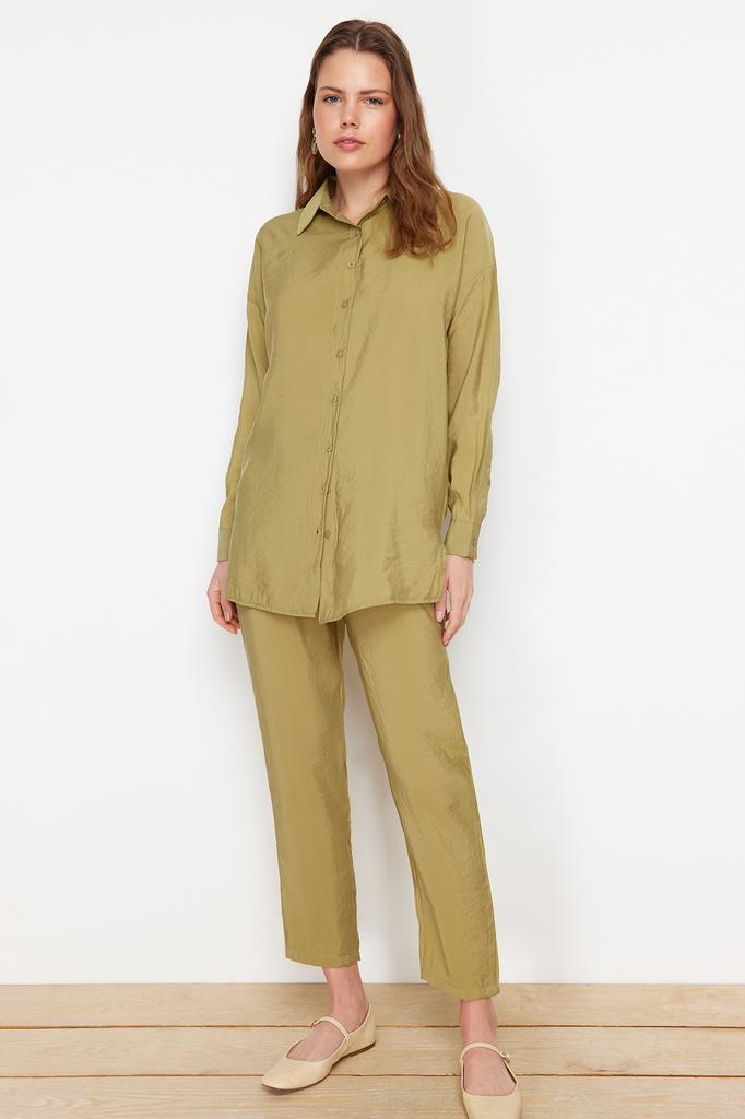 Women's Hijab Bottom-Top Set Fashion New Season Brown Modal Fabric Woven Bottom Top Shirt Trousers Set