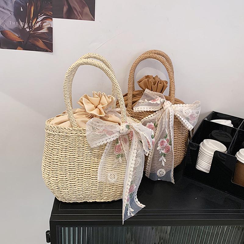 Yogodlns Summer New Lace Straw Handbag Female Large Capcacity Rattan Beach Bag Travel Vacation Bag Handmade Gilr Bucket Bag Tote