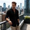 Men’s Casual Long Sleeve Linen Shirt with Button Down Mandarin Collar Lightweight Breathable Comfortable Fit for Daily Wear
