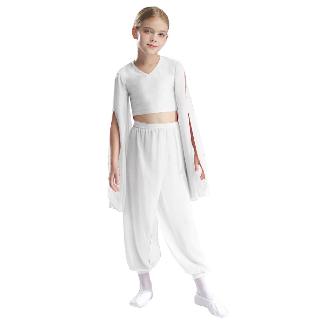 Girls Classical Dance Set V Neck Crop Top Flared Sleeves Design with Practice Pants Performance Outfit