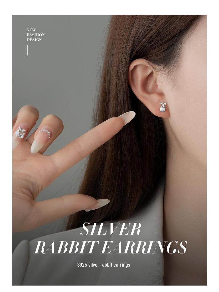 Banyan Tree S925 Silver Zircon Rabbit Earrings - Elegant, High-End Diamond Design for Women