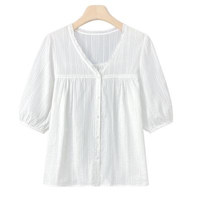 Chemise en Dentelle à Col en V pour Femmes Été Nouvelle Chic Française Coupe Ample Coton Pur Chemise Blanche