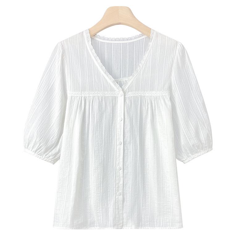 

Lace Lace V-neck Shirt for Women s Summer New French Chic Loose Top Pure Cotton White Shirt XXL білий