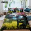 3D Waterfall Duvet Cover Set King Size Microfiber Botanical Floral Trees Pattern Bedding Set Purple Dream Theme Comforter Cover