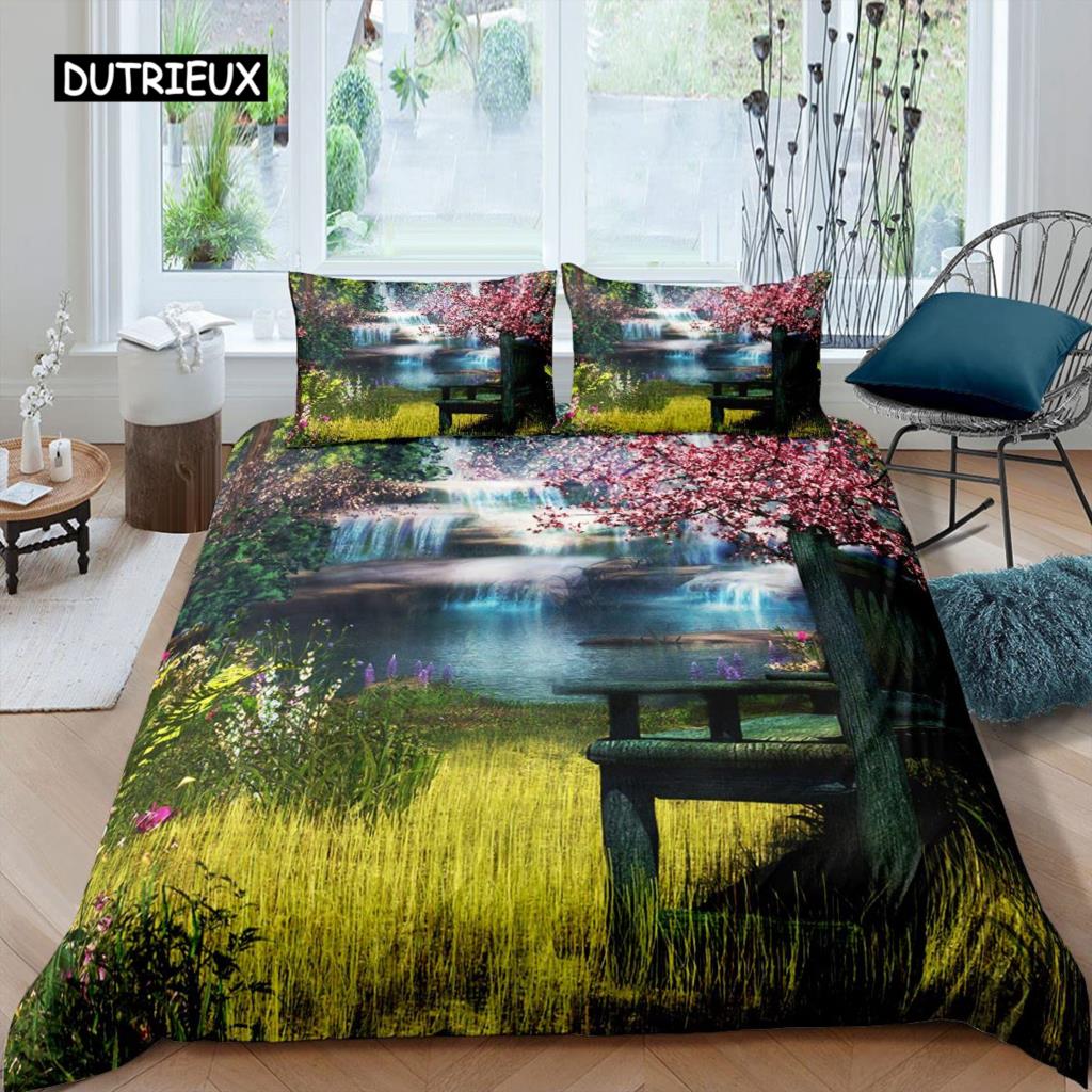3D Waterfall Duvet Cover Set King Size Microfiber Botanical Floral Trees Pattern Bedding Set Purple Dream Theme Comforter Cover