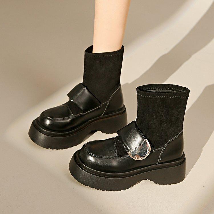 

[youshilai] thick-soled short boots Martin boots women s British style small leather shoes autumn new socks thin boots 35