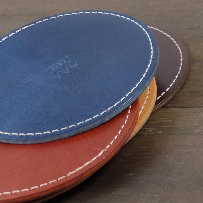 AIKA Genuine Leather Tochigi Made In Japan Coaster, Round, Leather, (Biscuit)