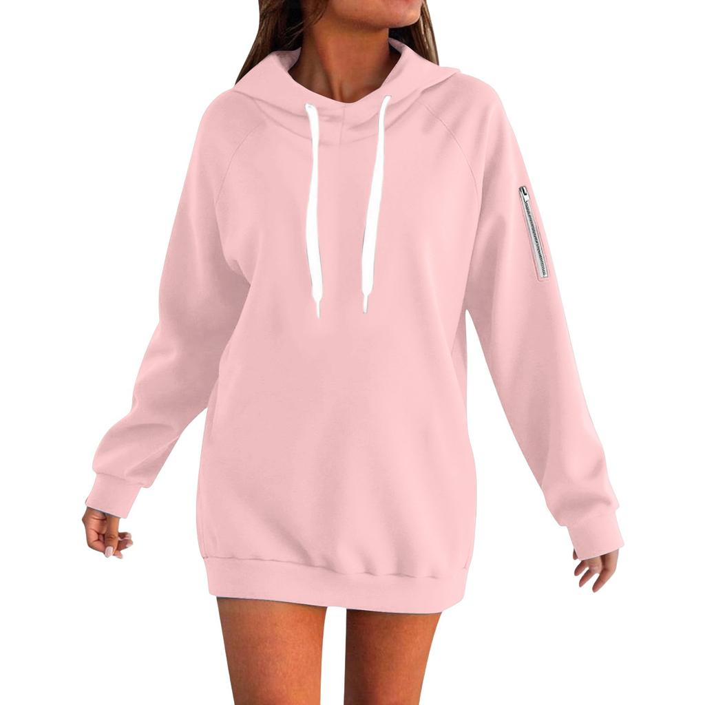 Women's Fashion Oversized Long-Sleeve Zipper Drawstring Solid Color Hooded Sweatshirt