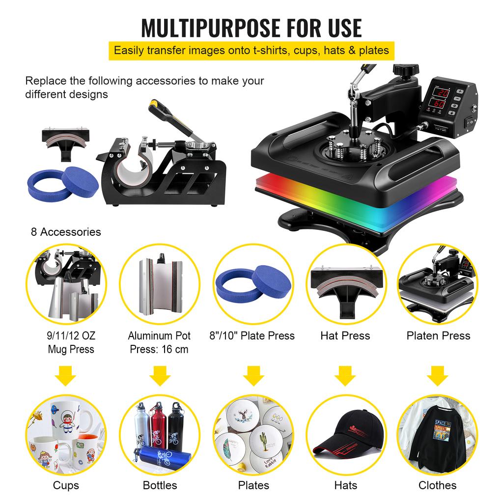 SucceBuy 30*38CM 8 in 1 Combo Upgrade Heat Press Machine 360° Rotation Sublimation Printer Cap Shirt Mug Plate 2D Heat Transfer