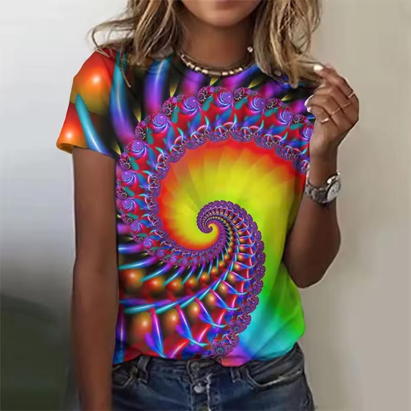 3D Printed Color Rotating Pattern T-shirts Summer Retro Loose Round Neck Short Sleeved Women's T-shirts