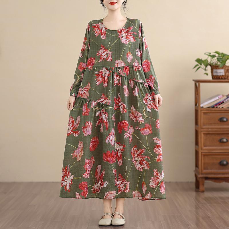 DIMANAF New 2026 Women Vintage Plus Size Spring Summer Long Dress Loose Oversize Long Sleeve Maxi Floral Print