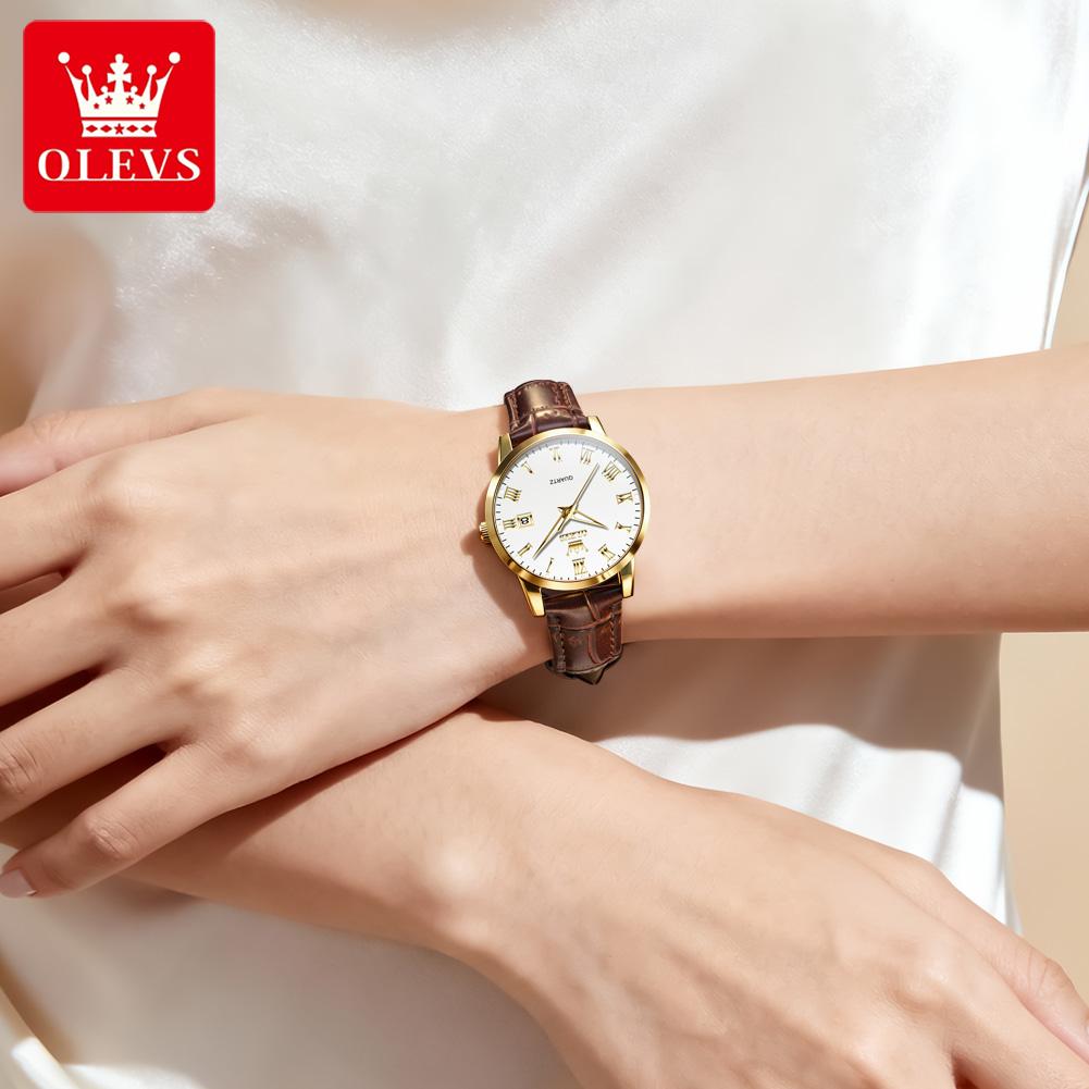OLEVS 5892 Quartz Watches for Women Elegant Leather Strap Classic Dual Calendar Simple Waterproof Luminous Business Ladies Watch