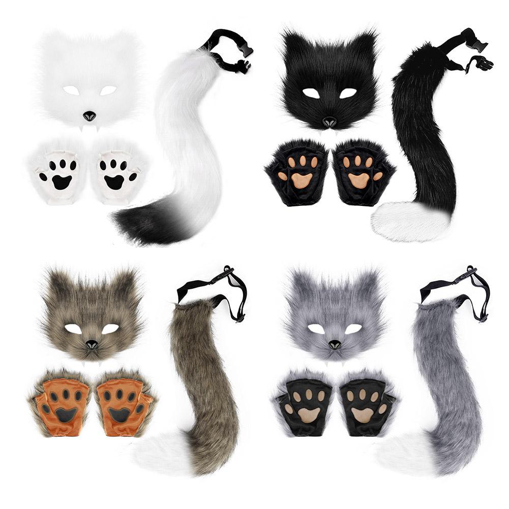 Flauschiger Pelz Schwanz Maske Handschuhe Katzenpfoten Hände Handschuhe Und Wolf Therian Maske Set Für Halloween Cosplay Kostüm Party Zubehör