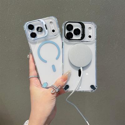 For iPhone 17 Pro Max Magnetic Case TPU PC Clear Kickstand Phone Cover with Tempered Glass Lens Films