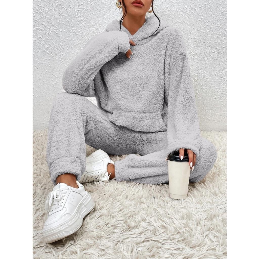 Autumn and Winter Solid Color Women's Clothing, Hooded Long Sleeved Patch Pocket Casual Pants Home Two-piece Set