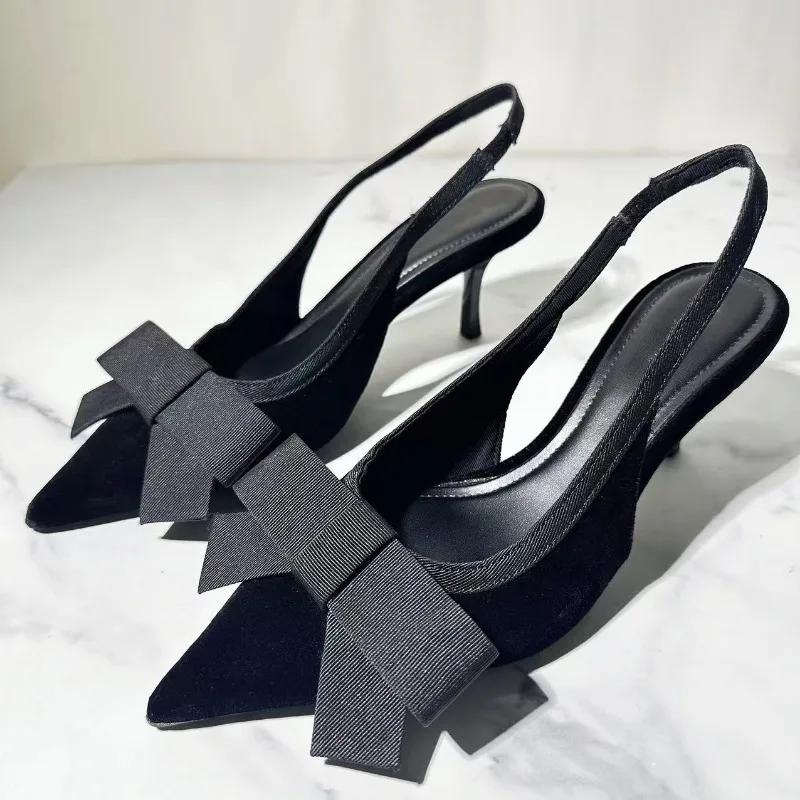 Fashion Elegant Closed Bow Women's Slingback Pumps with Thin Heel and Pointed Toe for Formal Work Party in Black high heels
