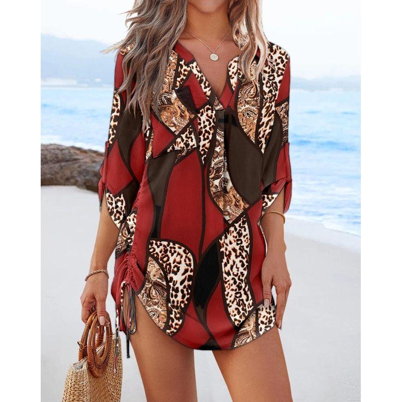 

2025 European and American Spring and Autumn Fashion Print V-neck Drawstring Short on Both Sides Dress Women Red XXL