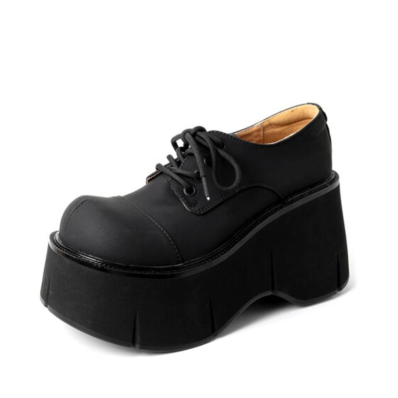 Fashion Women's New Genuine Leather Cowhide Thick Soled Waterproof Platform High Heels Lace Up College Style Single Shoes Casual Shoes