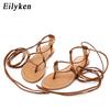 Fashion Eilyken Summer Roman Sandals Cross-Strap Tall Knee High Bondage Thong Flat Women Sandals Flip Flops Black Apricot