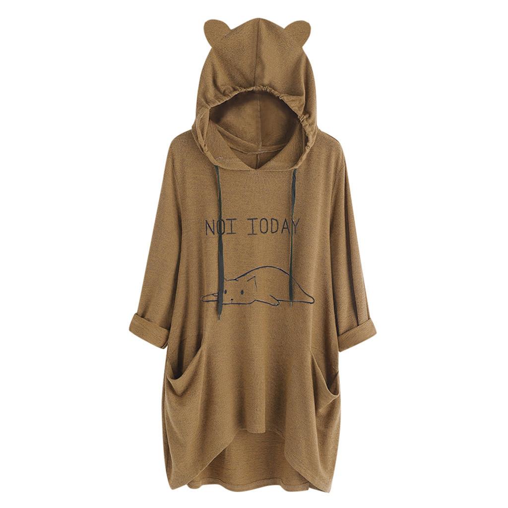 Women Casual Lying Cat Printed Long Sleeve Cat Ear Hooded Sweatshirt Pocket Tops