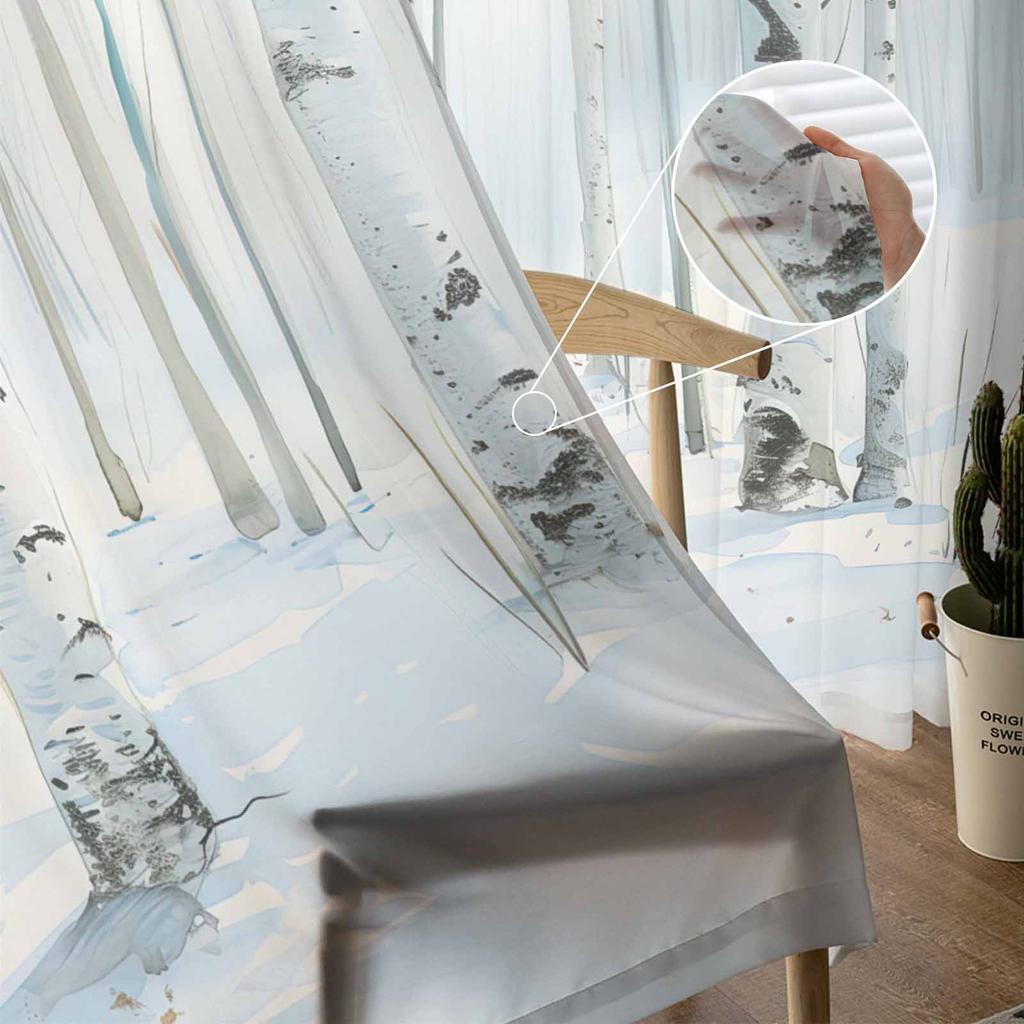 Winter Schneelandschaft Aquarell Birke Transparente Vorhänge Modernes Gazevorhang für Wohnzimmer Schlafzimmer Voile Garn Vorhänge