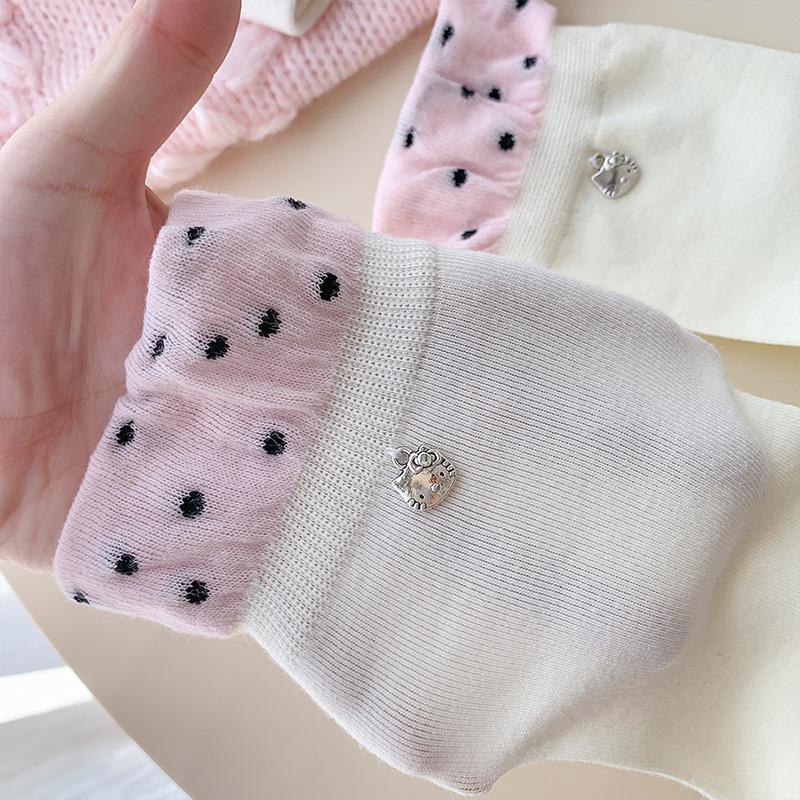 Female Spring and Autumn Sweet Cartoon Cat Pendant Collision Color Polka Dot Bubble Mouth College Wind Tube Pile Socks