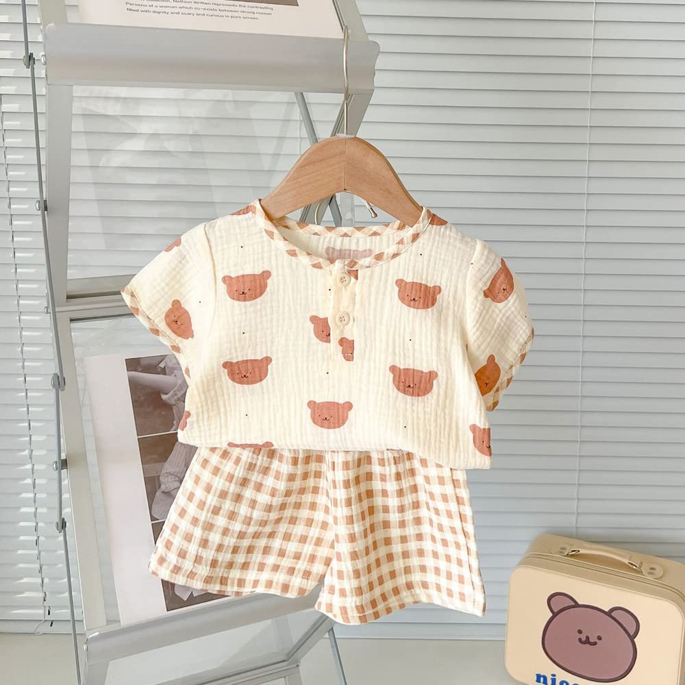 Jaydyequ Baby Short Summer Sleepwear Bear Gift Girls' Pajamas, Sleeve, Clothes, Loungewear, Set, Khaki, Print, 80cm, Children's
