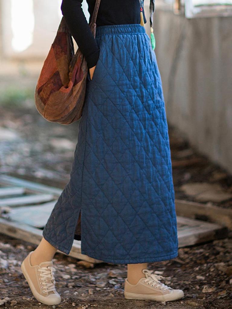 Women's Retro Mid-Length A-Line Skirt: Winter Quilted Diamond Plaid, Ramie Cotton, Loose Chinese Style