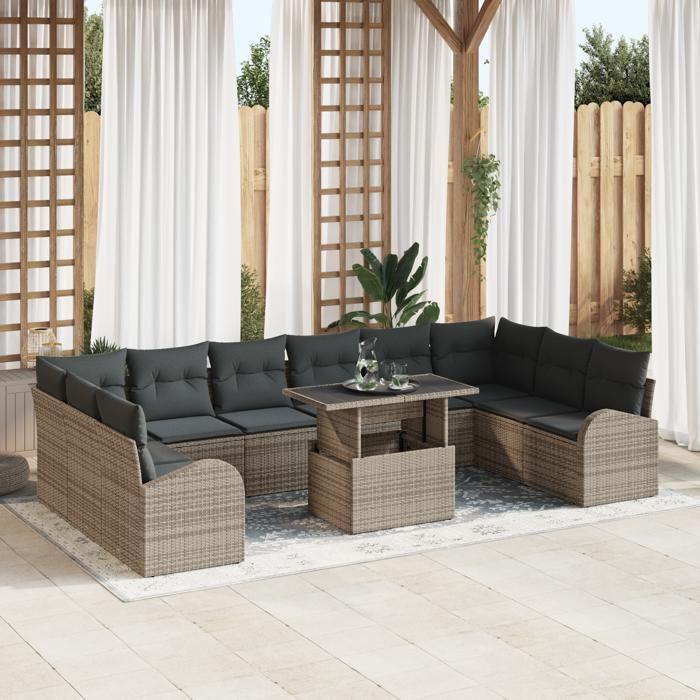 Ensemble de Canapés 11 Pièces avec Coussins Gris en Poly Rattan, Canapé de Jardin 2 Places avec Rangement &amp; Coussins Gris en 3357452