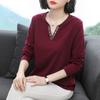 Long-sleeved T-shirt Pure Cotton Women's Spring and Autumn Fashion Mother's Full-length Bottoming Shirt Embroidered V-neck Top