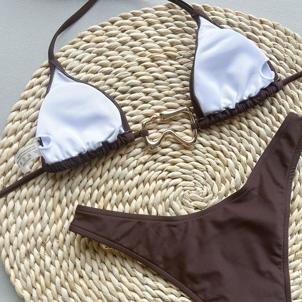 2025 Jednobarevná halter bikiny sada Lesklé plavky Dámské Lesklé plavky Bandážové bikiny Mikro tanga Biquini Brazilské plážové oblečení