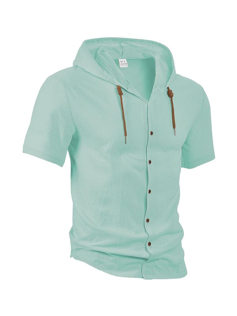 American Linen Men's Shirt, Fashionable and Casual Summer Breathable Thin Hooded Short-sleeved Cardigan Jacket