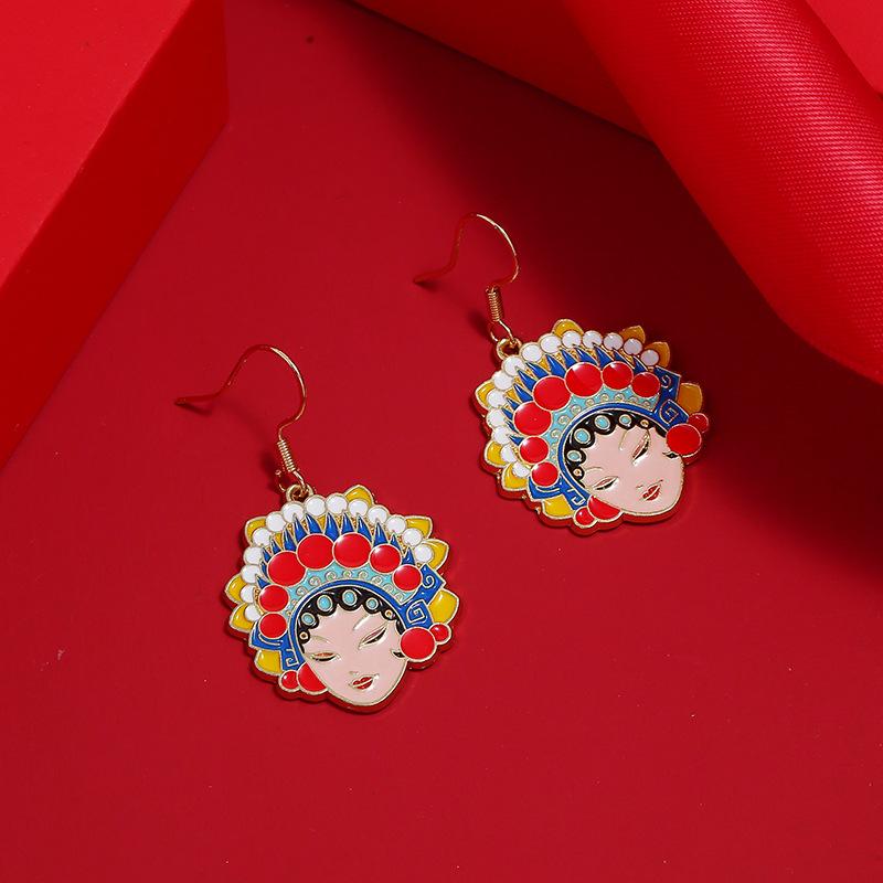 Chinese style knife and horse dan retro Peking Opera face mask earrings femininity long fringed stud earrings red trendy ear jewelry