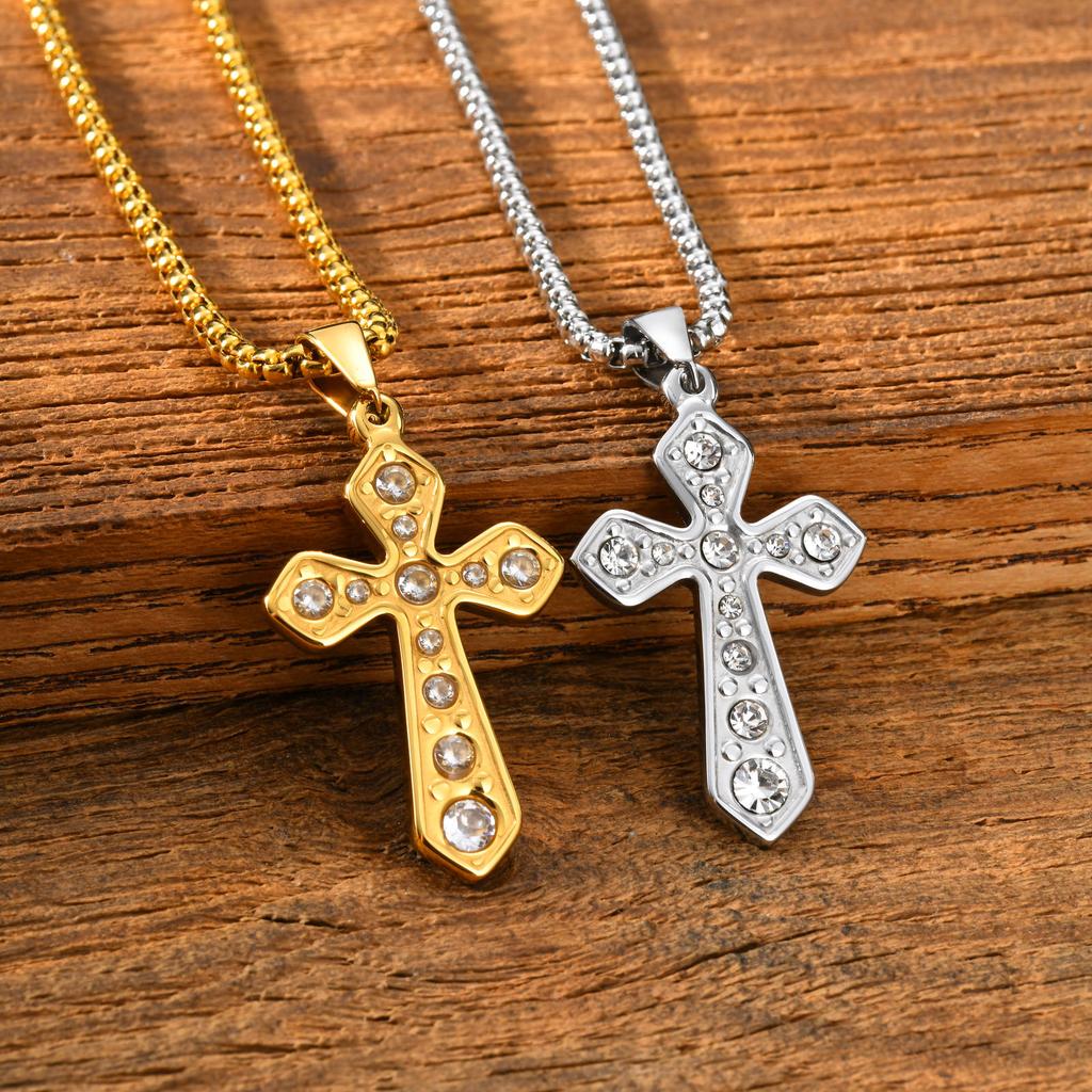 Vnox Stainless Steel Zircon Cross Pendant Necklace with Box Chain for Women Men, Christian Hip Hop Cross Necklace Jewelry Gifts