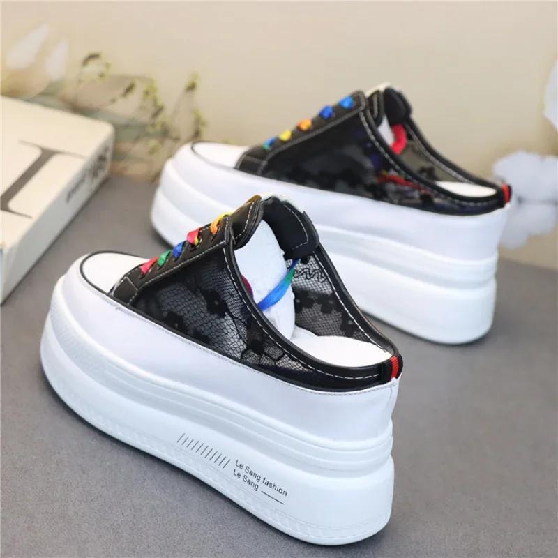 Fashion Summer Thick-soled Inner Heightening Half-drag Canvas Shoes Women's Muffin  A Pedal Lazy Shoes Women Casual Breathable Slippers