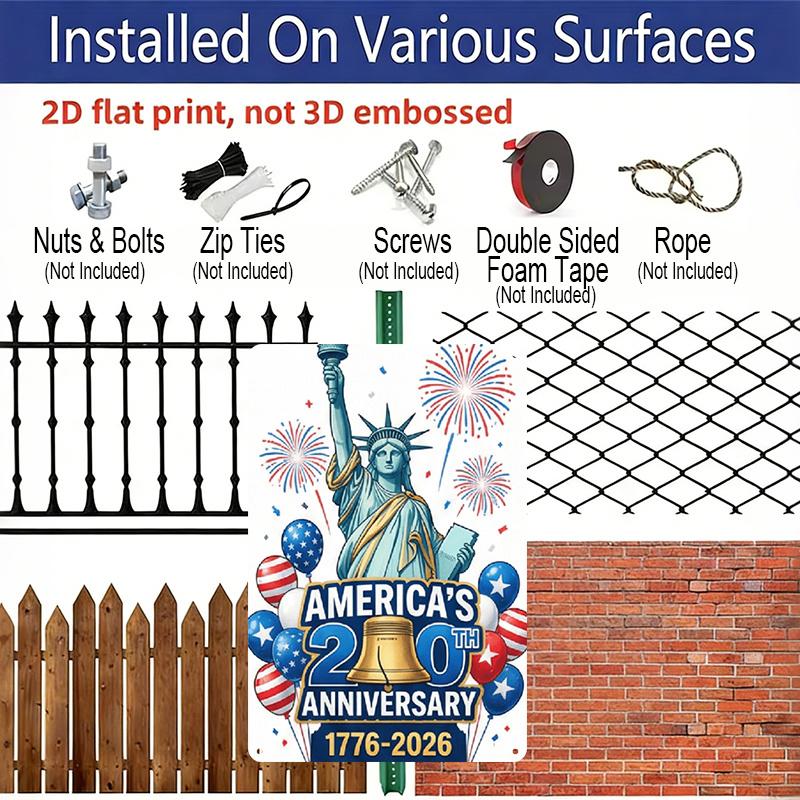 2D Flat Decoration Aluminum Sign 7.87*11.8 Inch Plaque US 250th Founding Anniversary Patriotic Statue of Liberty with Anniversary Text Easy To Hang