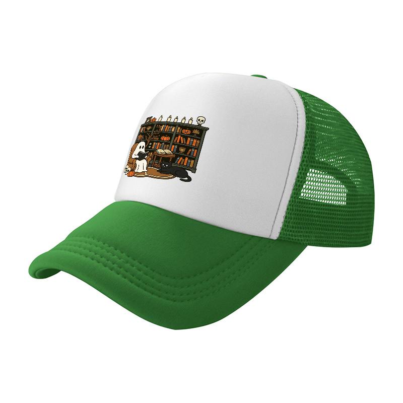 Library Cats Bookshelf Design Mesh Baseball Cap Breathable Trucker Hat for Cat Lovers Reading Theme Fashion Accessory