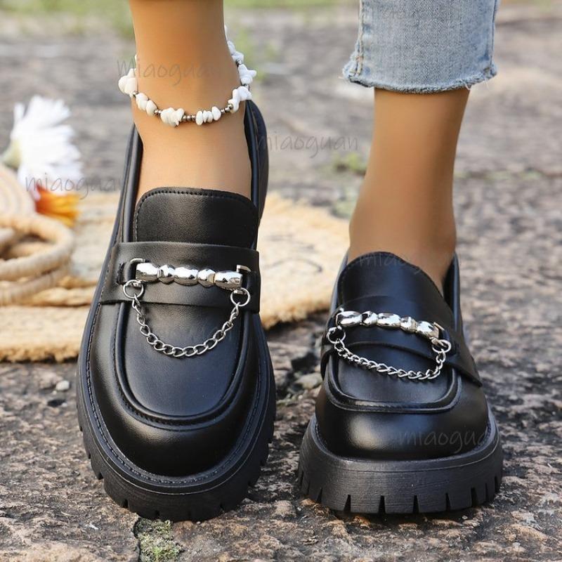 Fashion Metal Chain Platform Loafers Women Thick Bottom Pu Leather Shoes Woman Slip on Black Student Shoes Size 35-43 Zapatos