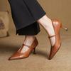 New women's fashion single shoes pointed four-season single shoes buckle solid color leather fine heel comfortable large size shoes beef tendon sole