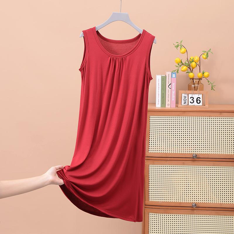 Loose Pleated Sleeveless Vest Skirt Medium and Long Nightdress Home Pajamas Large Size Thin Women's Dress