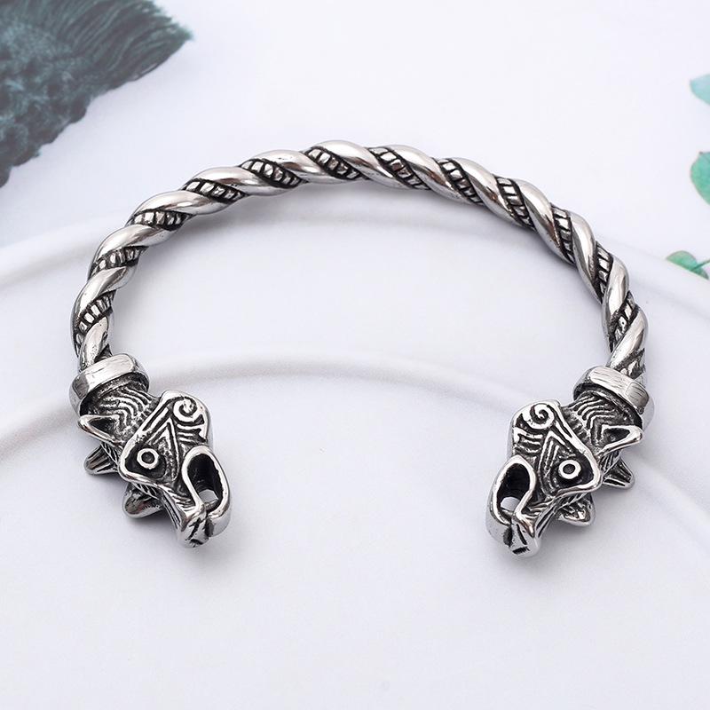 Nordic Viking Double Dog Head Cable Knit Stainless Steel Cuff Bracelet - European & American Style Men's Accessory