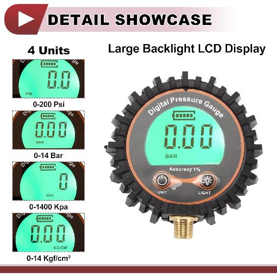 1Pcs Universal Digital Tire Pressure Gauge 1/8" NPT without Battery 0-250PSI Digital Air Pressure Meter for Cars
