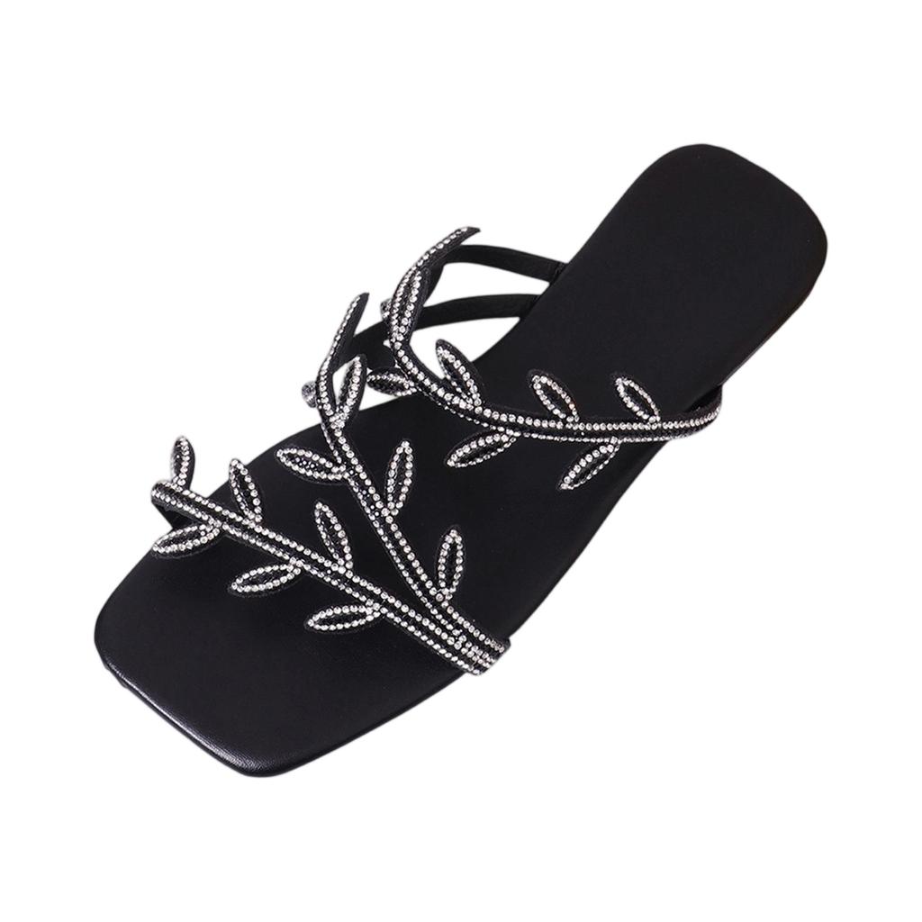 Summer women's square headed rhinestone flat bottomed beach slippers