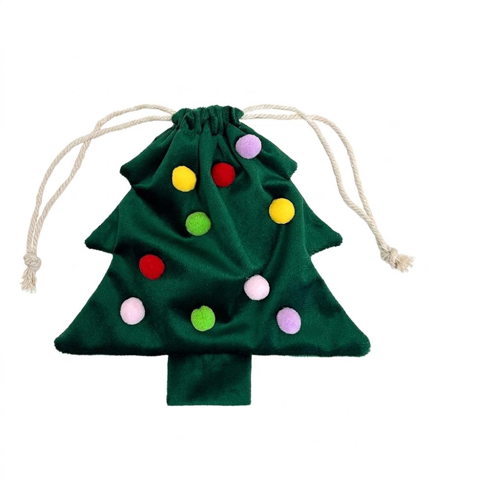 Velvet Christmas Tree Gift Bags Colorful Pom Pom Metal Bell Xmas Tree Hanging Pouch Soft Touch Tree Shaped