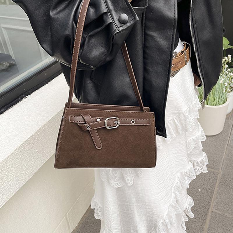 Yogodlns Retro Suede One Shoulder Bags for Women Early Autumn Square Frosted Solid Zipper Crossbody Bag Versatile Commute Handbags