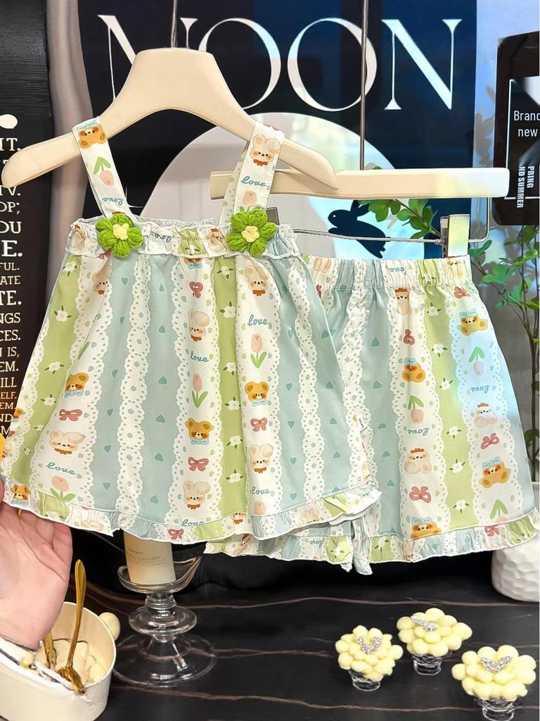 2026 New Korean Style Floral Princess Spaghetti Strap Two-Piece Summer Set for Girls