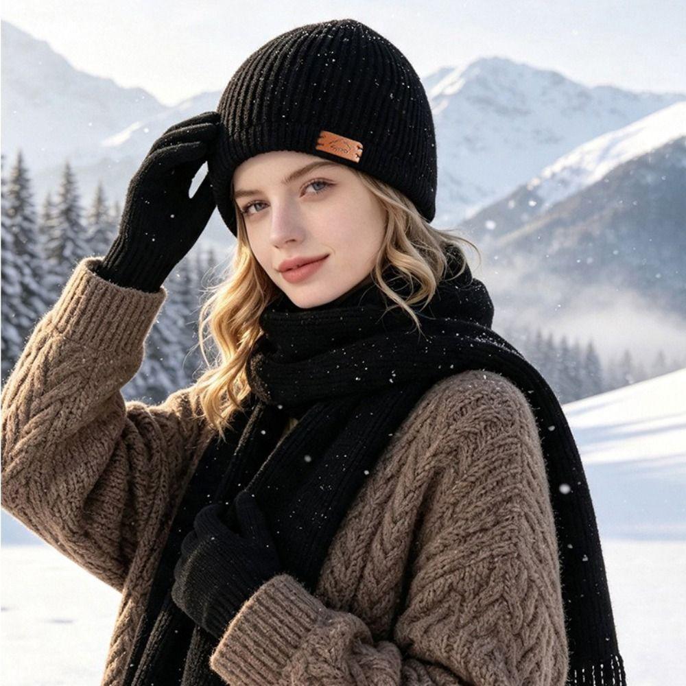 3 Piece Set Knit Beanie Hat Soft Plush Material Windproof Beanies Cap Hat Scarf Gloves Set  For Men
