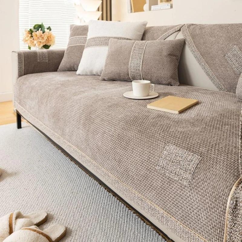 Solid Color Chenille Sofa Cushion All-Season Non-Slip Fully Enclosed Non-Slip Anti Cat Scratch Seat Cover Machine Washable
