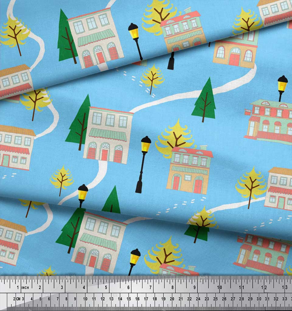 Soimoi Tissu Satin Crêpe Japonais Marron Arbre, Lampadaire & Maison Imprimé Architectural Tissu au mètre 42 Pouces